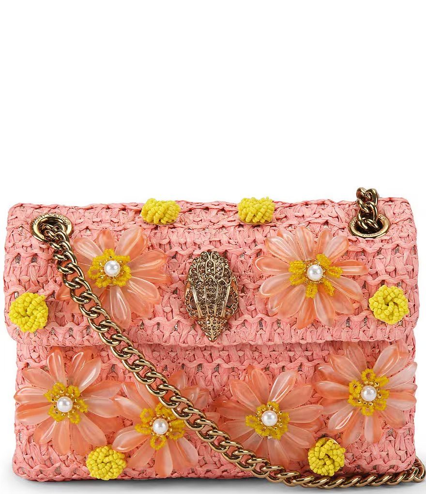 Kurt Geiger London Mini Raffia Kensington Crossbody Bag – Pink Floral Appliqué
