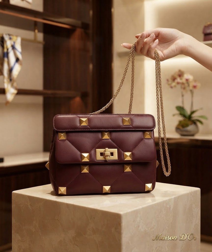 Valentino Garavani Roman Stud Shoulder Bag – Burgundy Quilted Nappa Leather