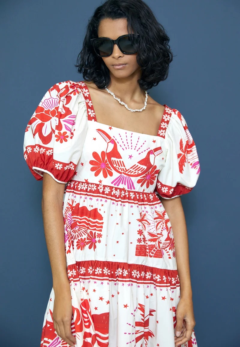 Farm Rio Tiles Printed Red Midi Dress