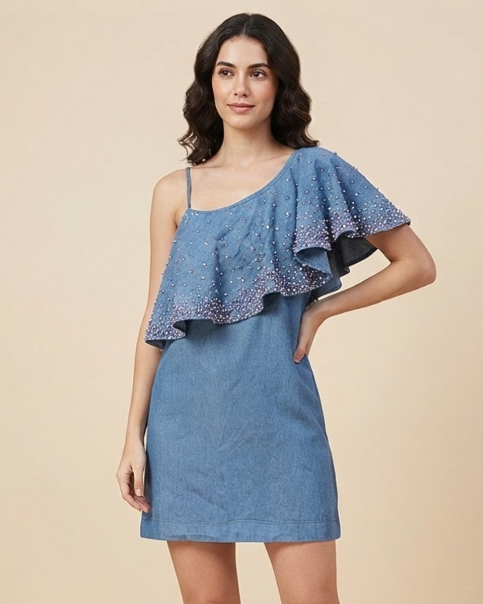 Aarti Mahtani Blue Shoulder Dress with Silver Bead