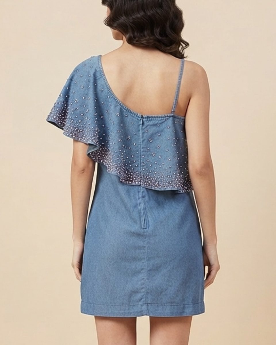 Aarti Mahtani Blue Shoulder Dress with Silver Bead
