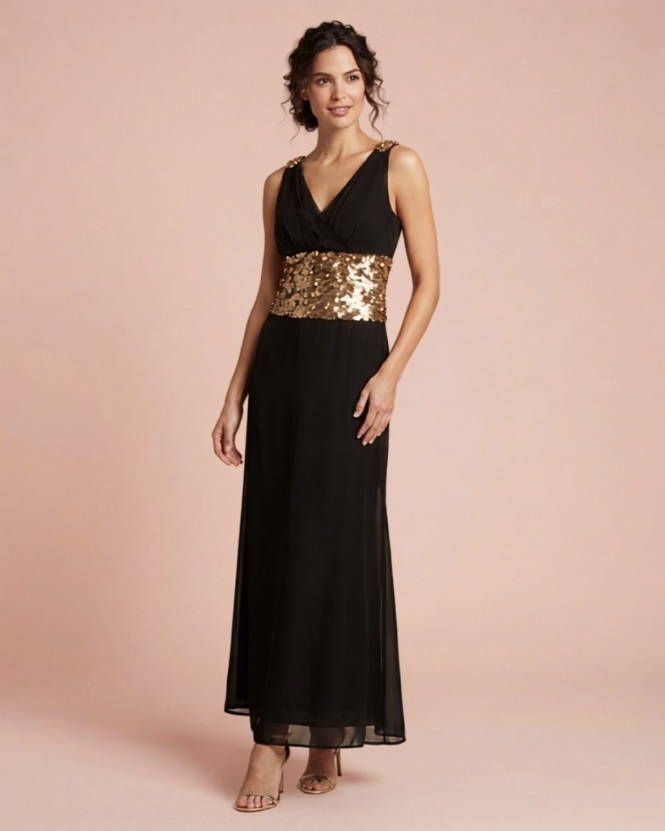 Basix Black Label Gown with Gold Sequin Detail