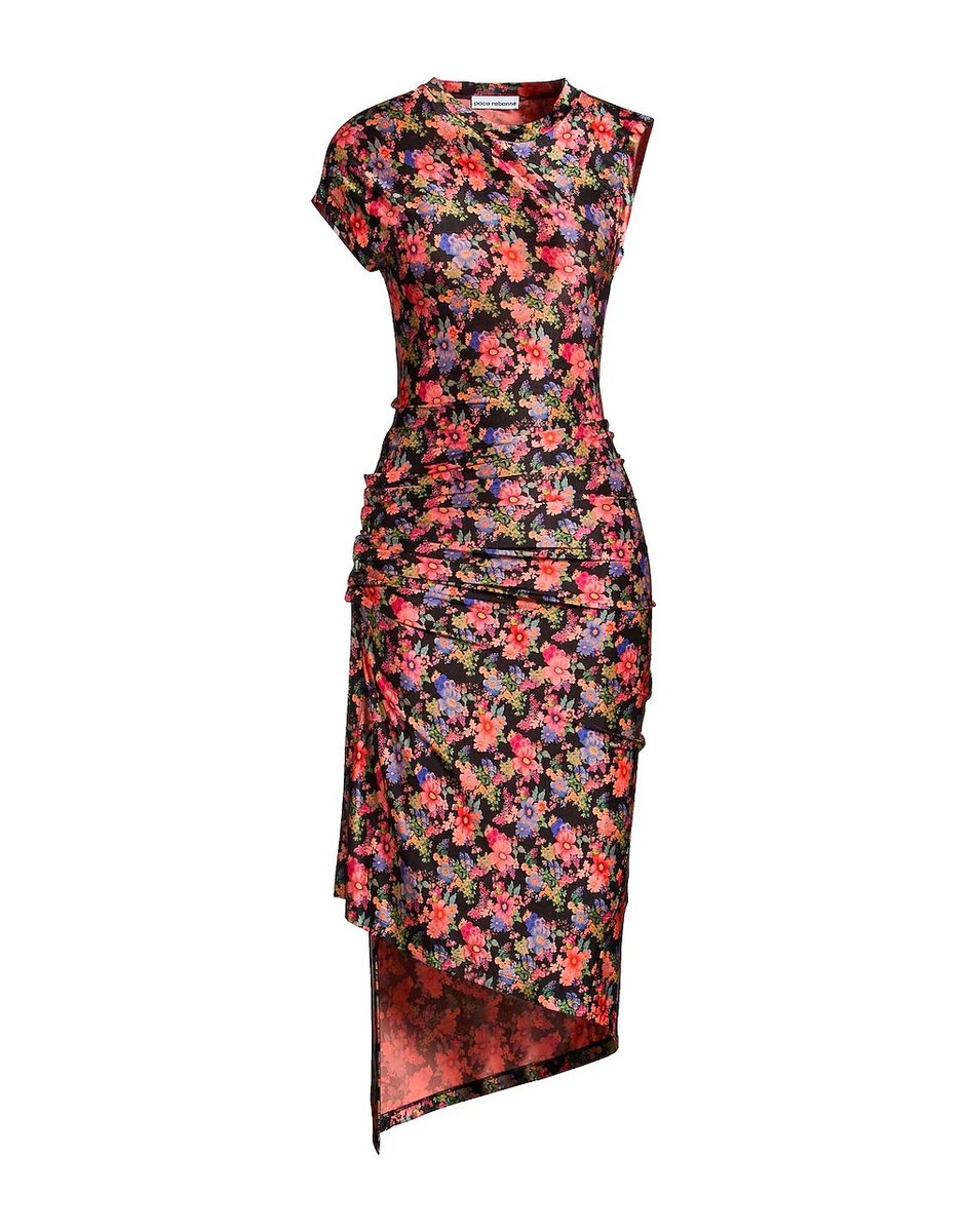 Paco Rabanne Floral-Print Ruched Midi Dress – Red/Blue Botanical