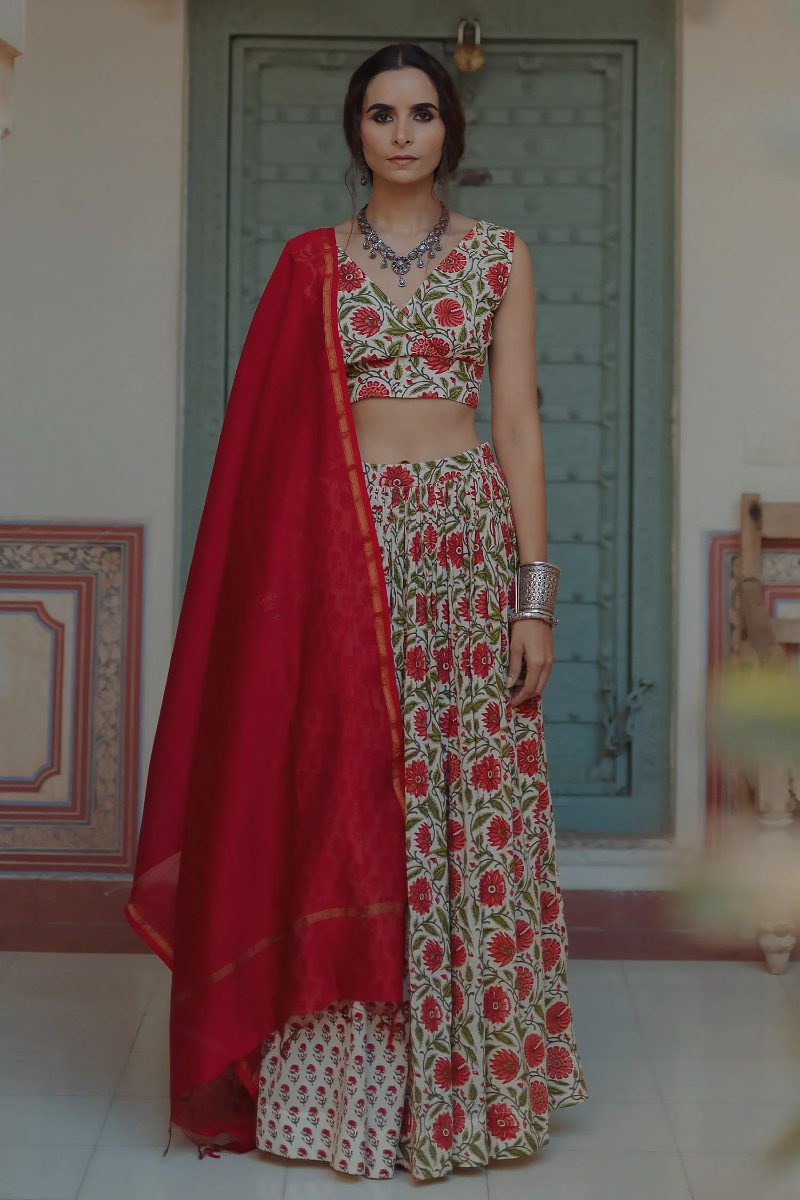 White & Red Lehenga Set