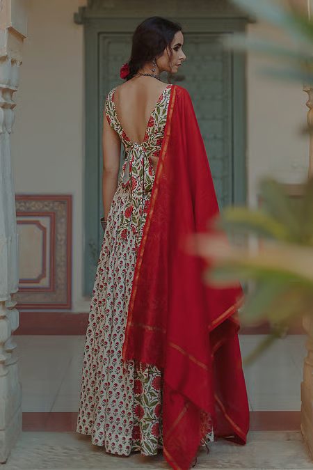 White & Red Lehenga Set