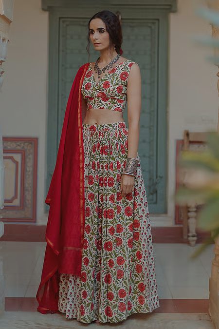 White & Red Lehenga Set