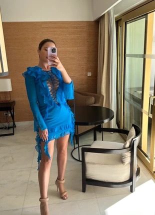 Blue Ruffled Chiffon Mini De La Vali Dress