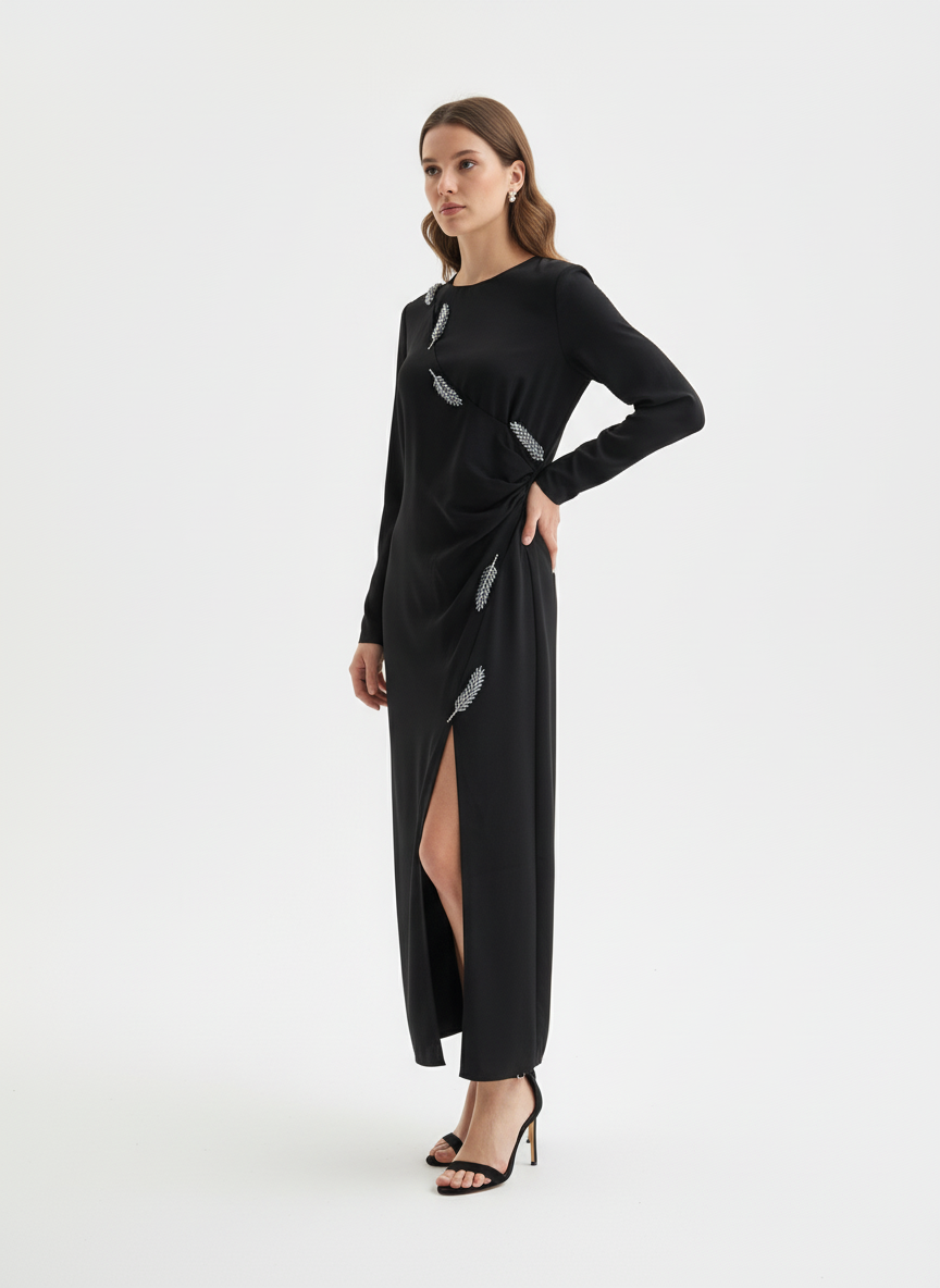Black Feather Jewelled Dress