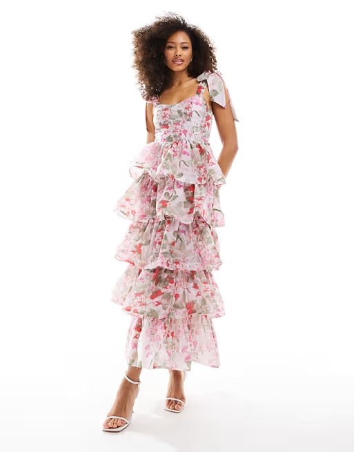 & Other Stories Corset Front Tiered Maxi Dress in Floral Print