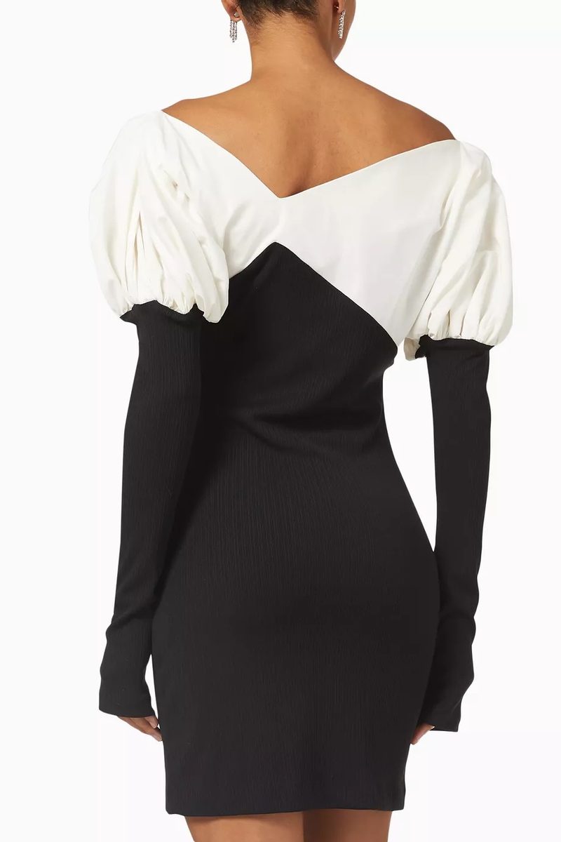 Aaizel Asymmetrical Puffed Knit Mini Dress – Black/White AUS 6