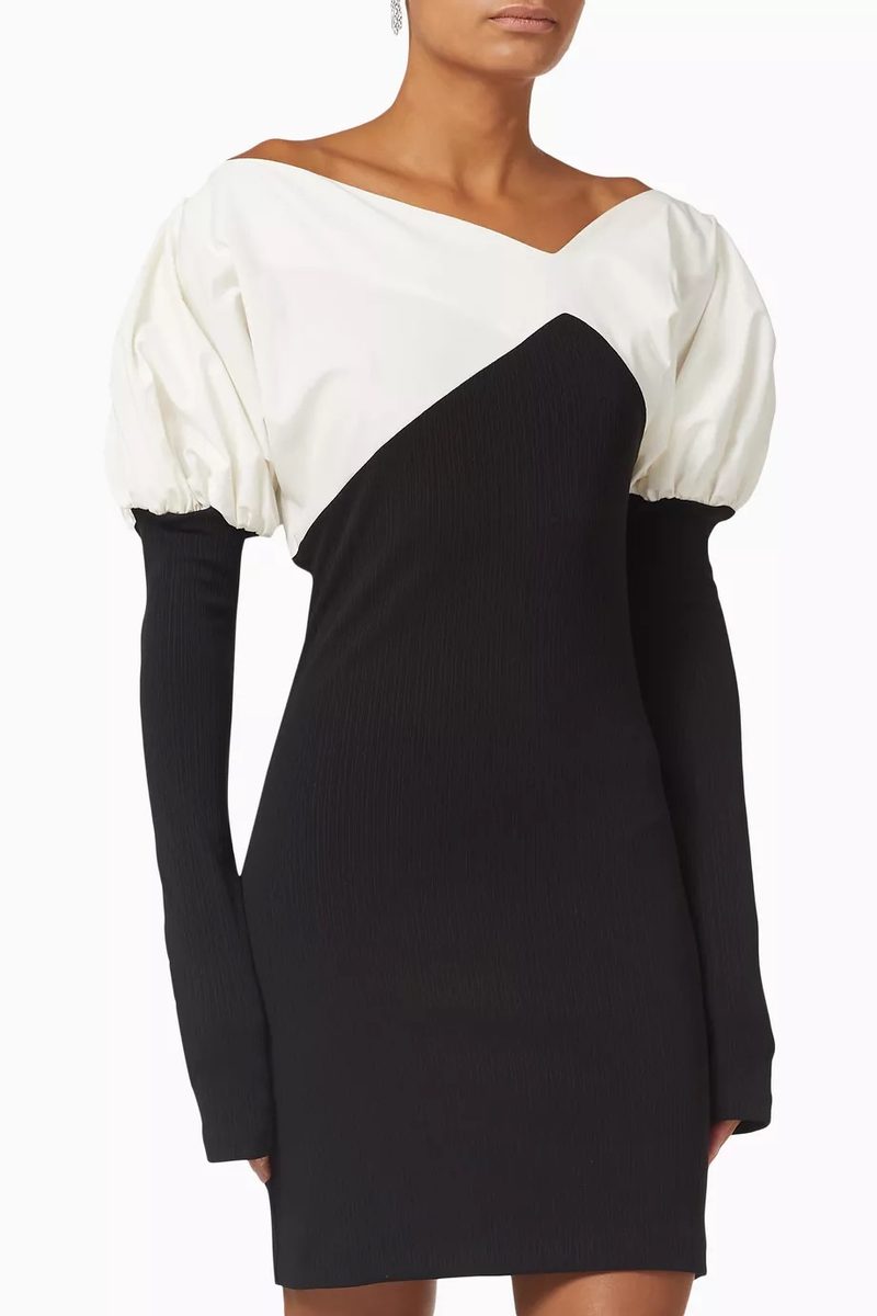 Aaizel Asymmetrical Puffed Knit Mini Dress – Black/White AUS 6