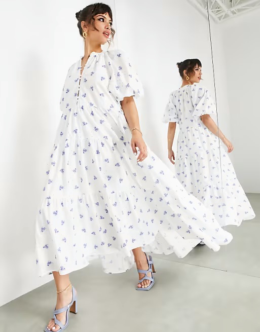 Puff Sleeve Midi Dress White Blue Ditsy Floral