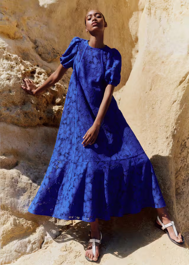 ME + EM Blue Statement Guipure Lace Maxi Dress