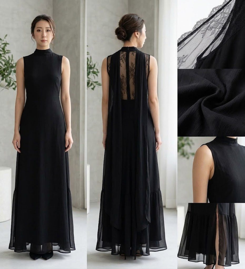 Rae High-Neck Maxi Dress with Sheer Lace Back – Black