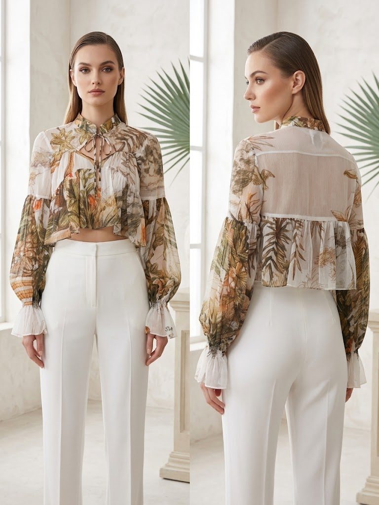 Natacha Van Sheer Botanical Print Crop Blouse – White/Pattern