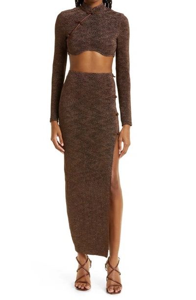 Sau Lee Dylan Two-Piece Knit Dress – Brown/Gold with Frog Buttons