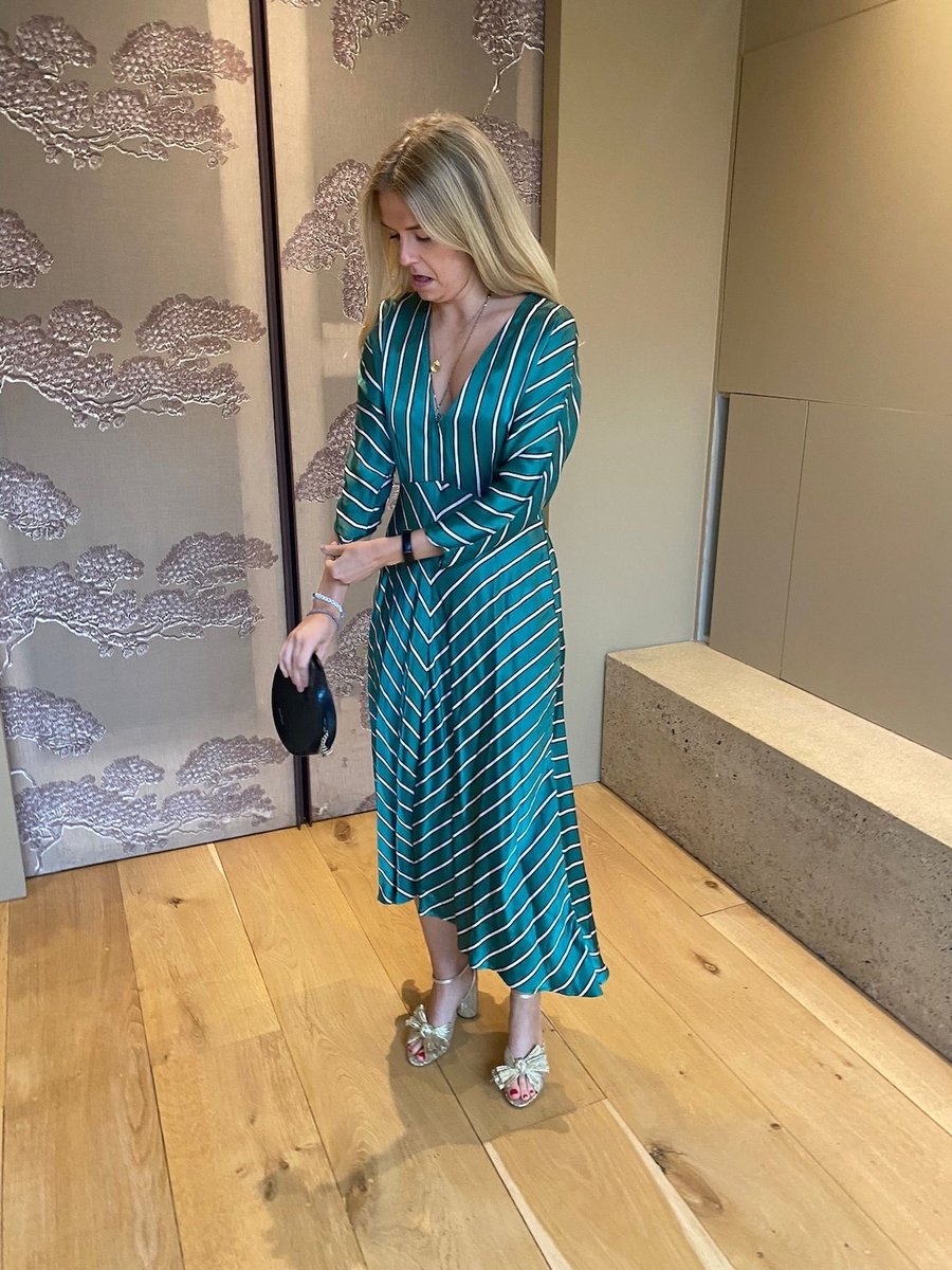 Ghost Green Striped Satin Midi V Neck Dress