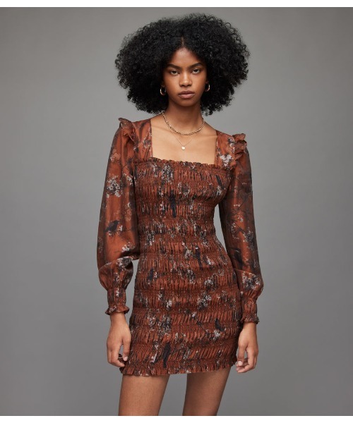All Saints long sleeved brown ruffle dress