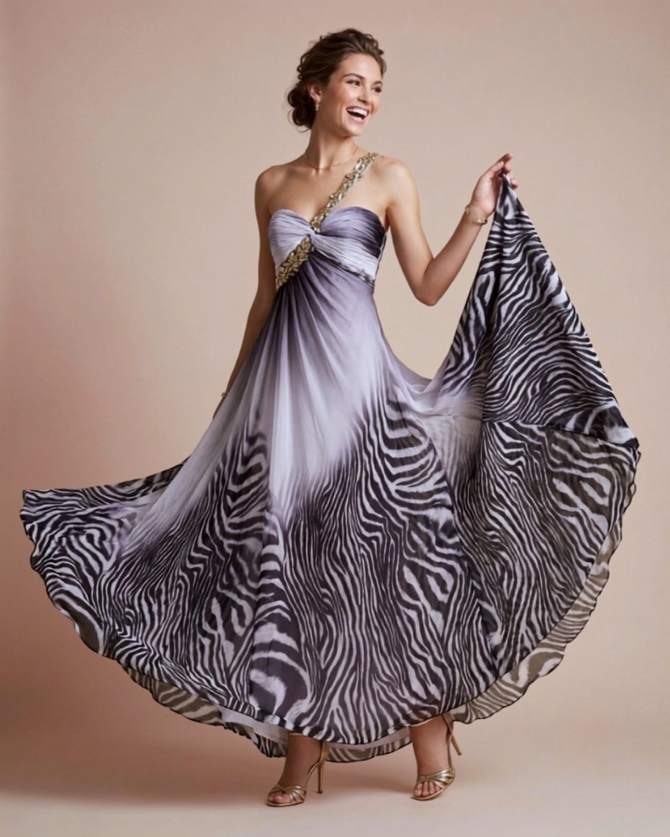 La Femme Zebra Gold Beaded Strap Long Dress