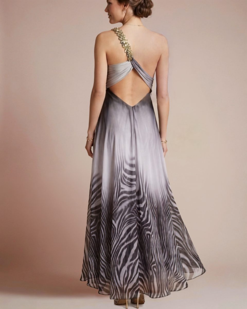 La Femme Zebra Gold Beaded Strap Long Dress