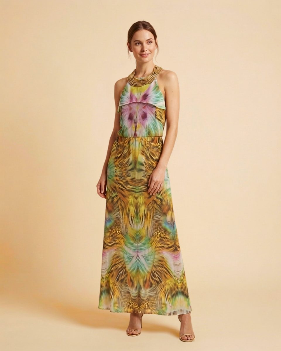 Bebe Gold Chain High Neck Multi Long dress