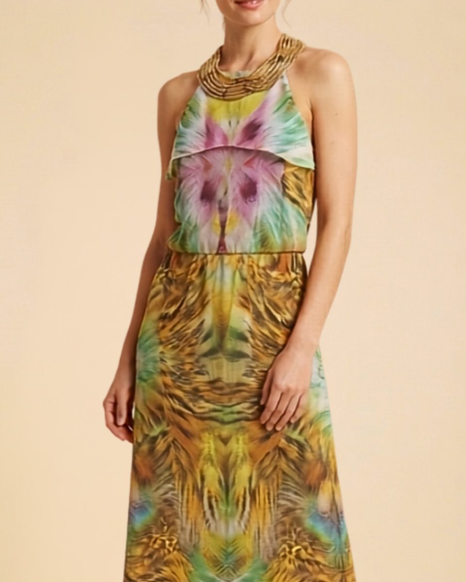Bebe Gold Chain High Neck Multi Long dress
