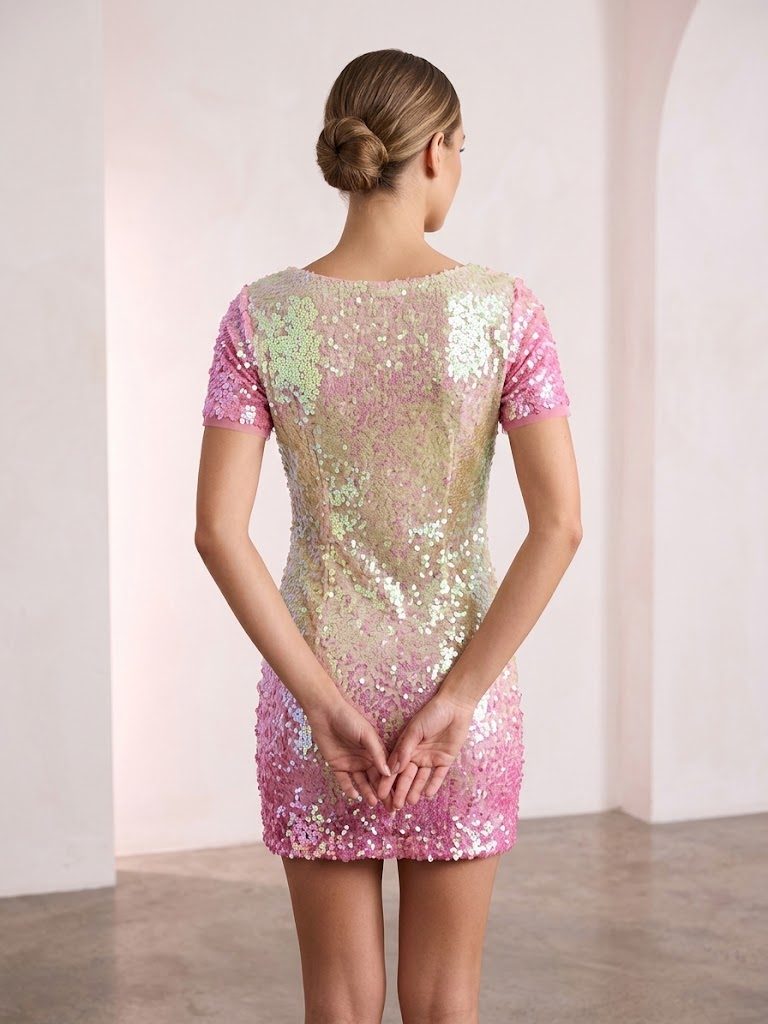 Emanuella Y Iridescent Sequin Mini Dress – Pink with Waist Cutouts