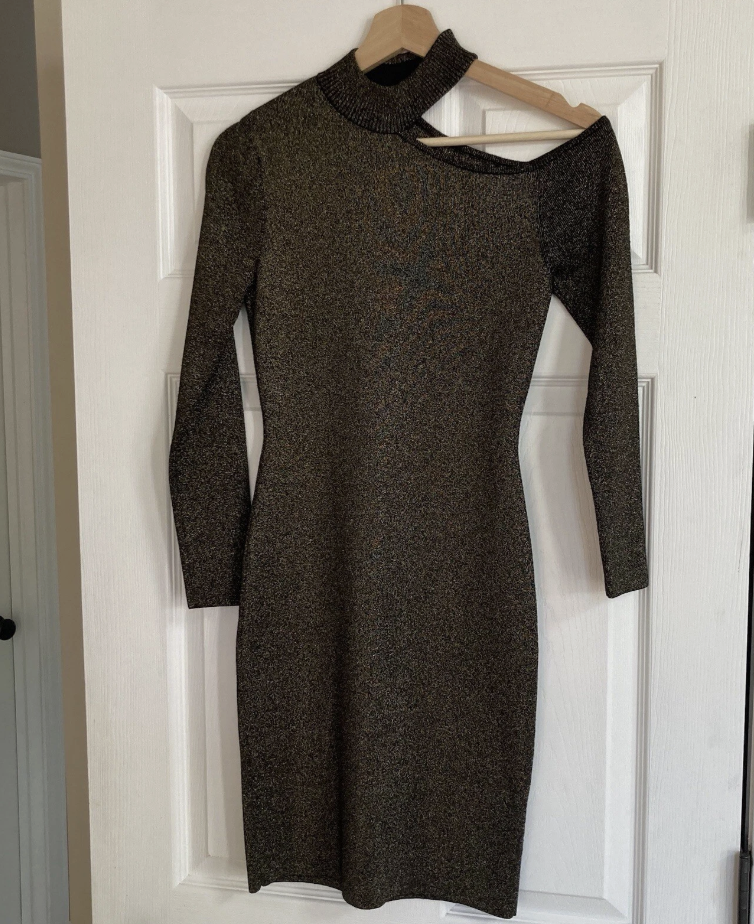 A.L.C. Black and Metallic Gold One Shoulder Cutout Mini Dress in M