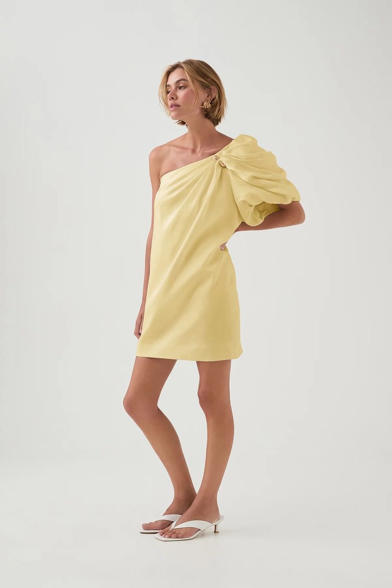 Aje Cira One-Shoulder Mini Dress in Lemon