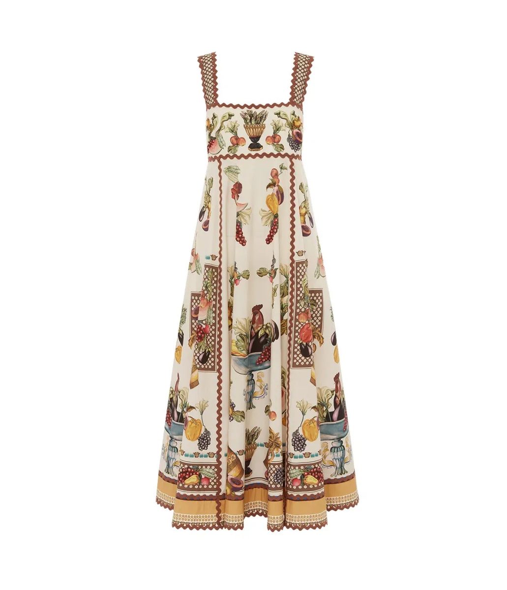 Alémais Mercado Square Neck Midi Sundress in White Fruit Print