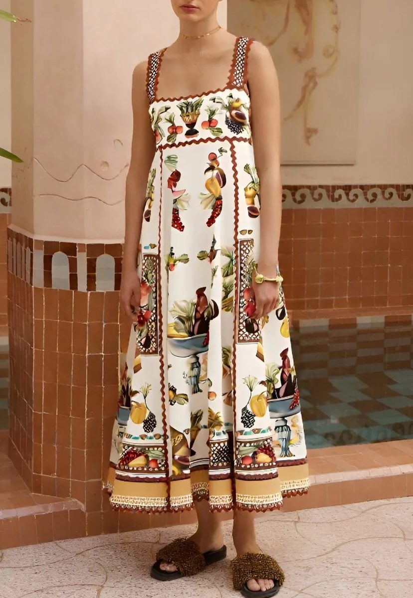 Alémais Mercado Square Neck Midi Sundress in White Fruit Print