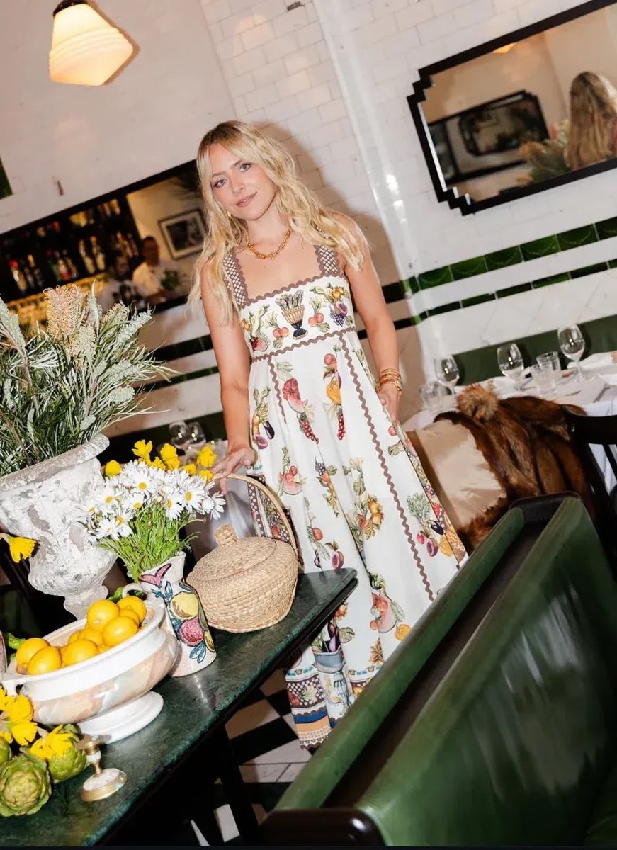 Alémais Mercado Square Neck Midi Sundress in White Fruit Print