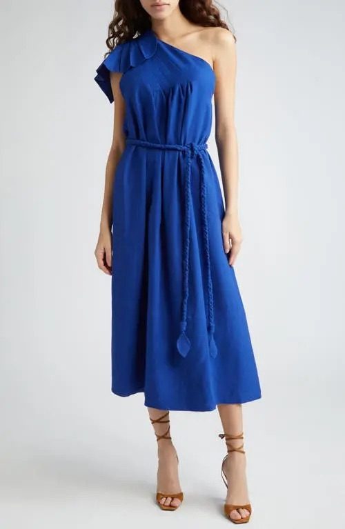 FARM Rio Leaf One-Shoulder Belted Linen-Blend Dress in Royal Blue