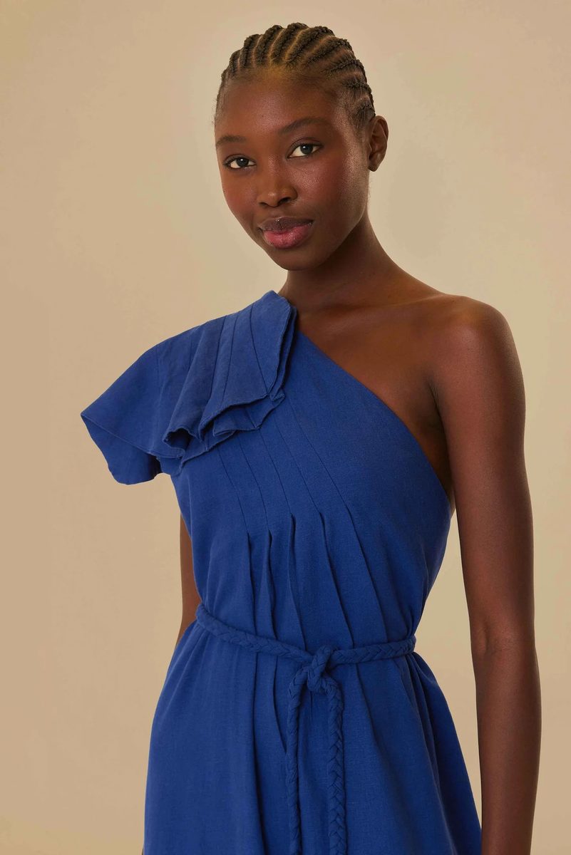 FARM Rio Leaf One-Shoulder Belted Linen-Blend Dress in Royal Blue