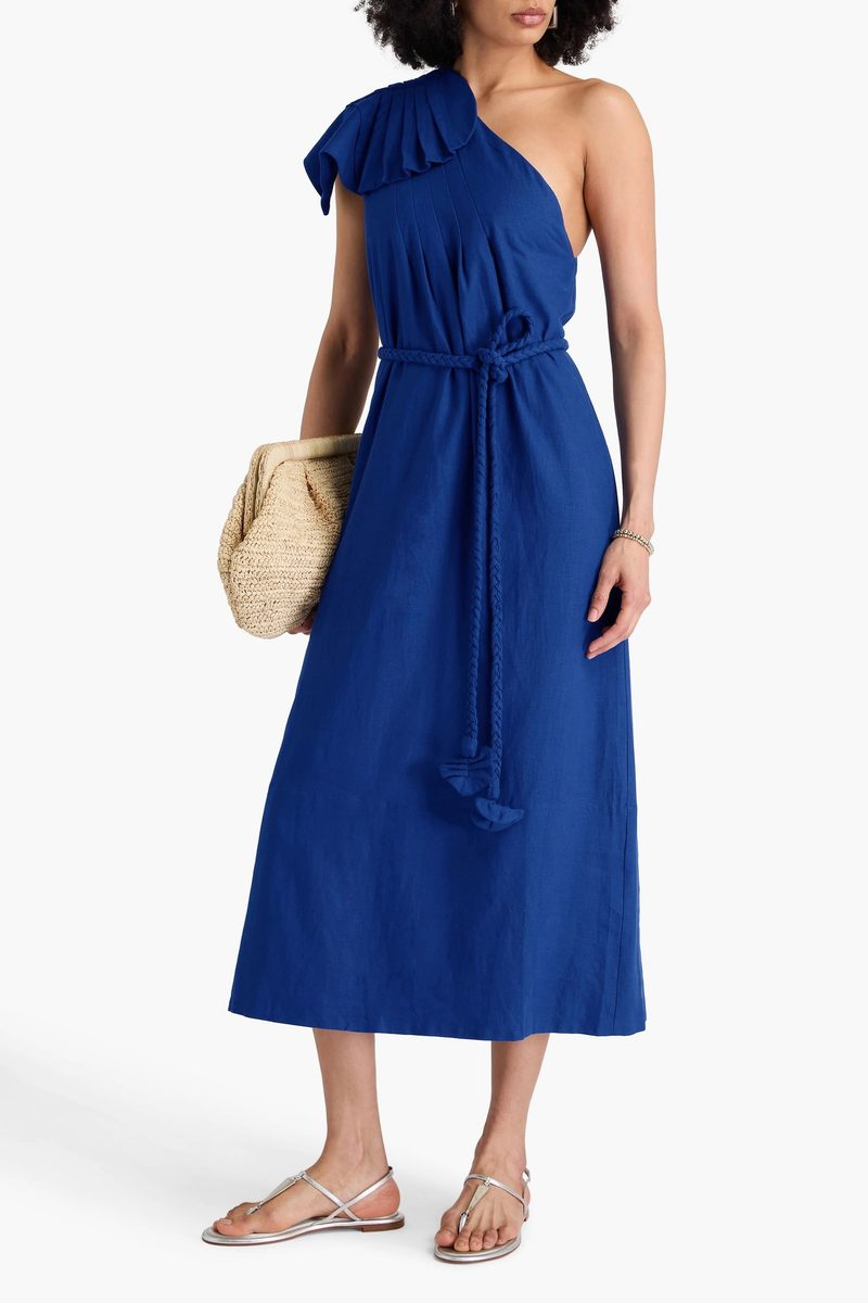 FARM Rio Leaf One-Shoulder Belted Linen-Blend Dress in Royal Blue
