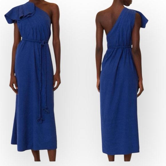 FARM Rio Leaf One-Shoulder Belted Linen-Blend Dress in Royal Blue