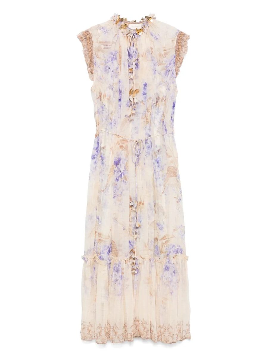 Zimmermann Dawning Flutter Sleeve Midi Dress in Cream and Blue Floral