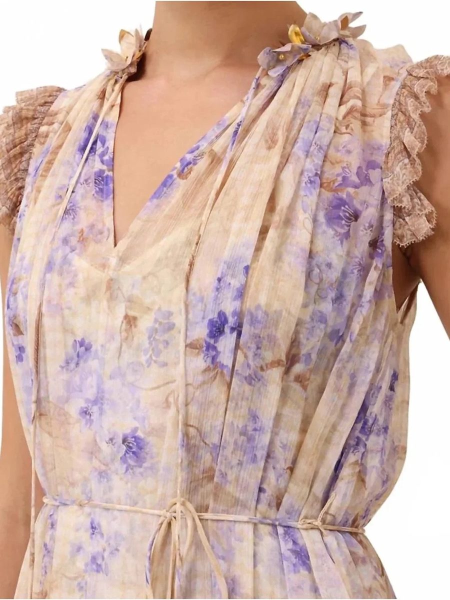 Zimmermann Dawning Flutter Sleeve Midi Dress in Cream and Blue Floral