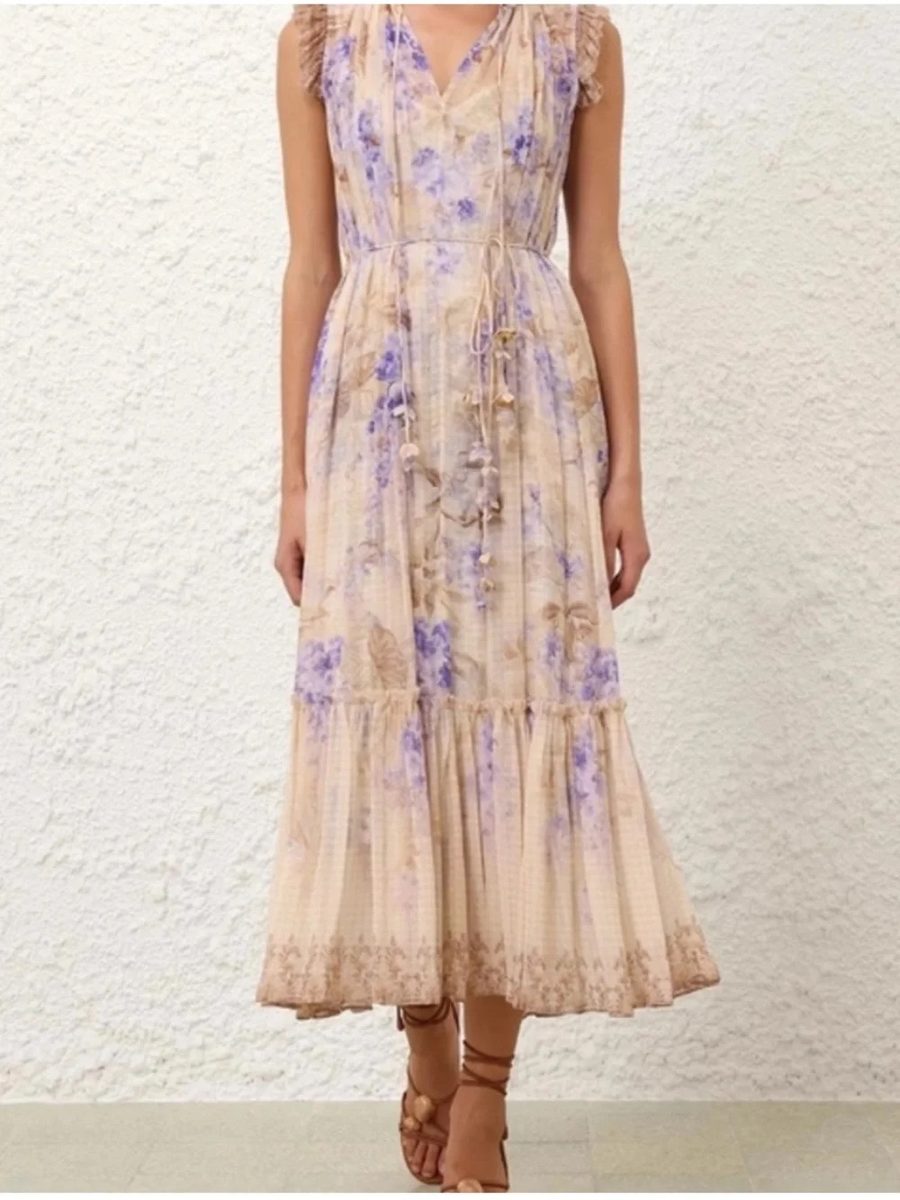 Zimmermann Dawning Flutter Sleeve Midi Dress in Cream and Blue Floral