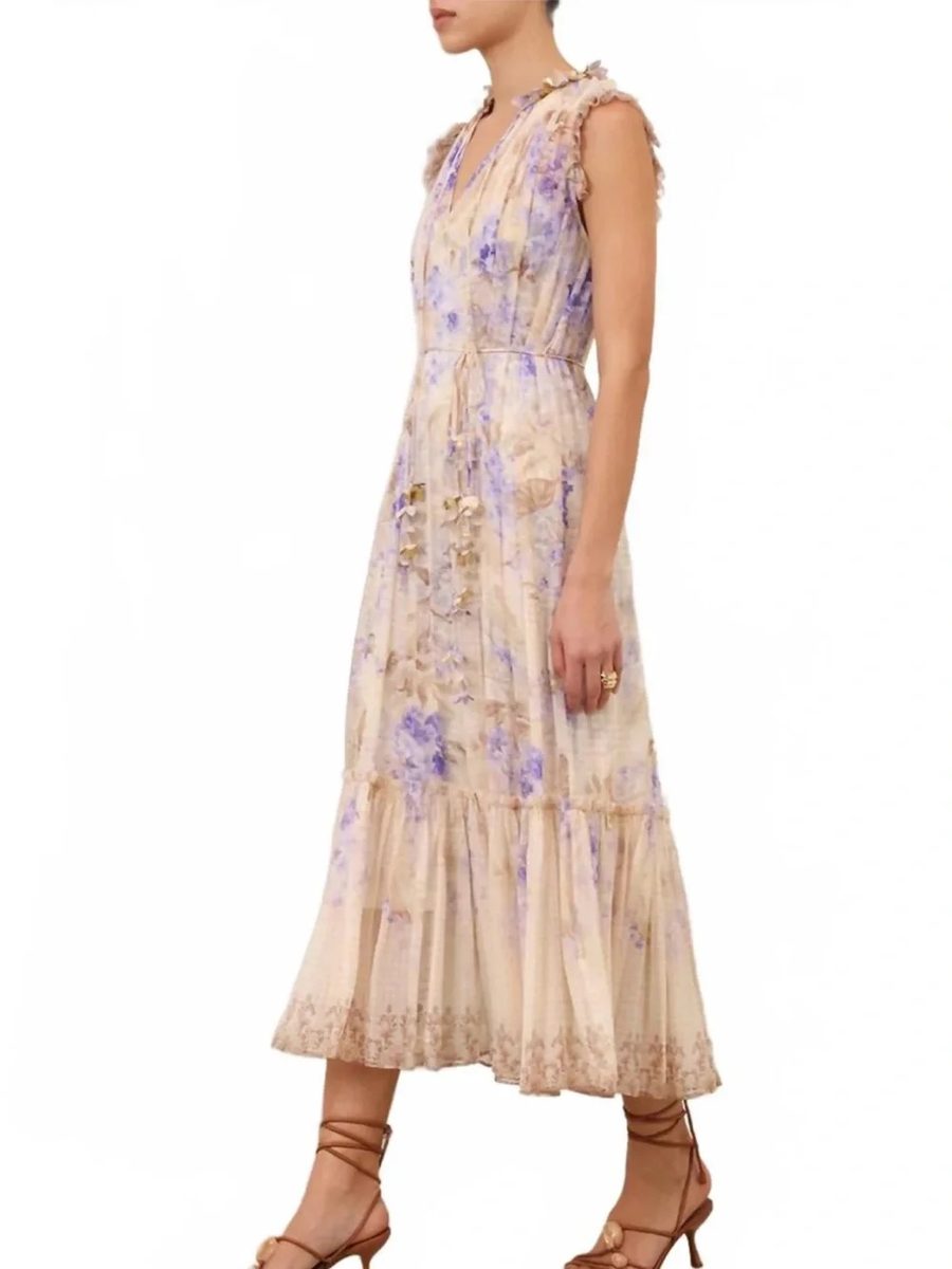 Zimmermann Dawning Flutter Sleeve Midi Dress in Cream and Blue Floral