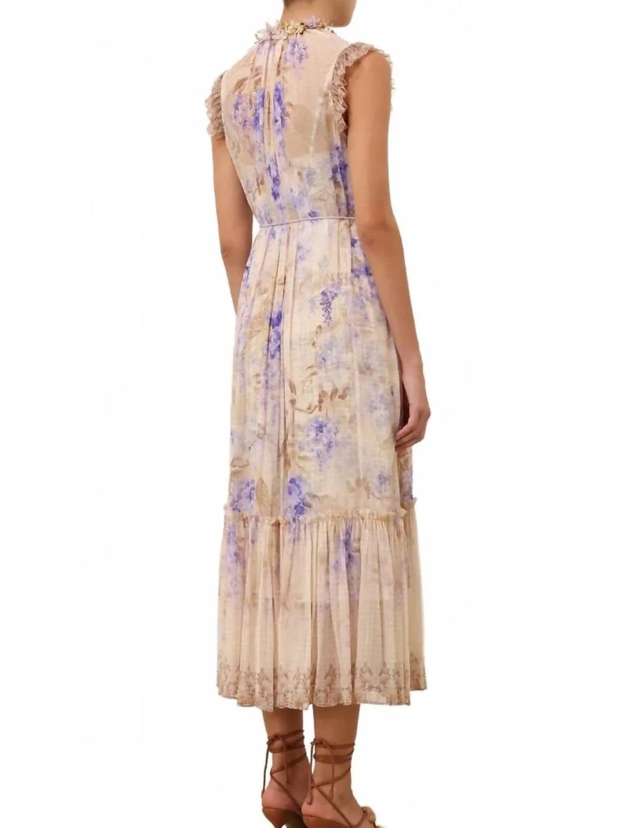 Zimmermann Dawning Flutter Sleeve Midi Dress in Cream and Blue Floral