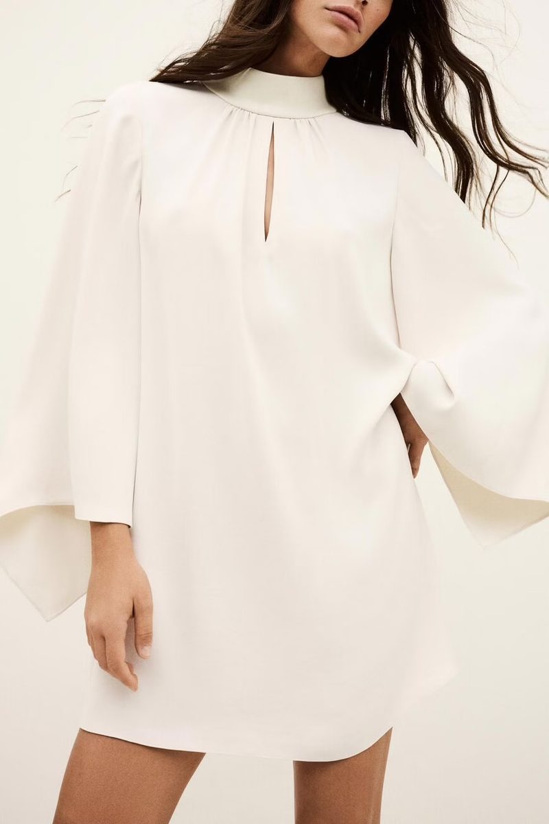 ba&sh Tori Mock Neck Bell Sleeve Dress in Ecru