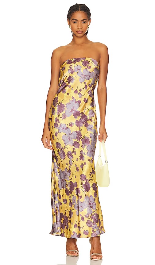 Bec + Bridge gold and purple floral strapless maxi dress