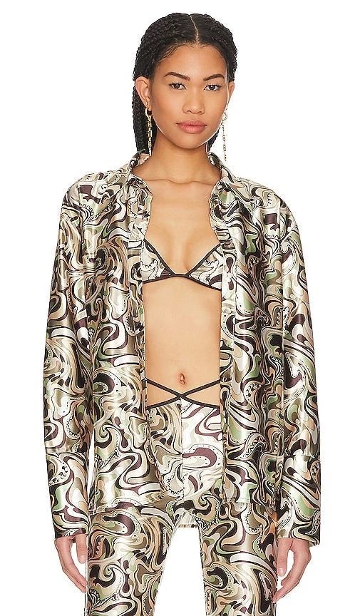 Camila Coelho Torrence Button-Down Shirt – Brown Waves Print