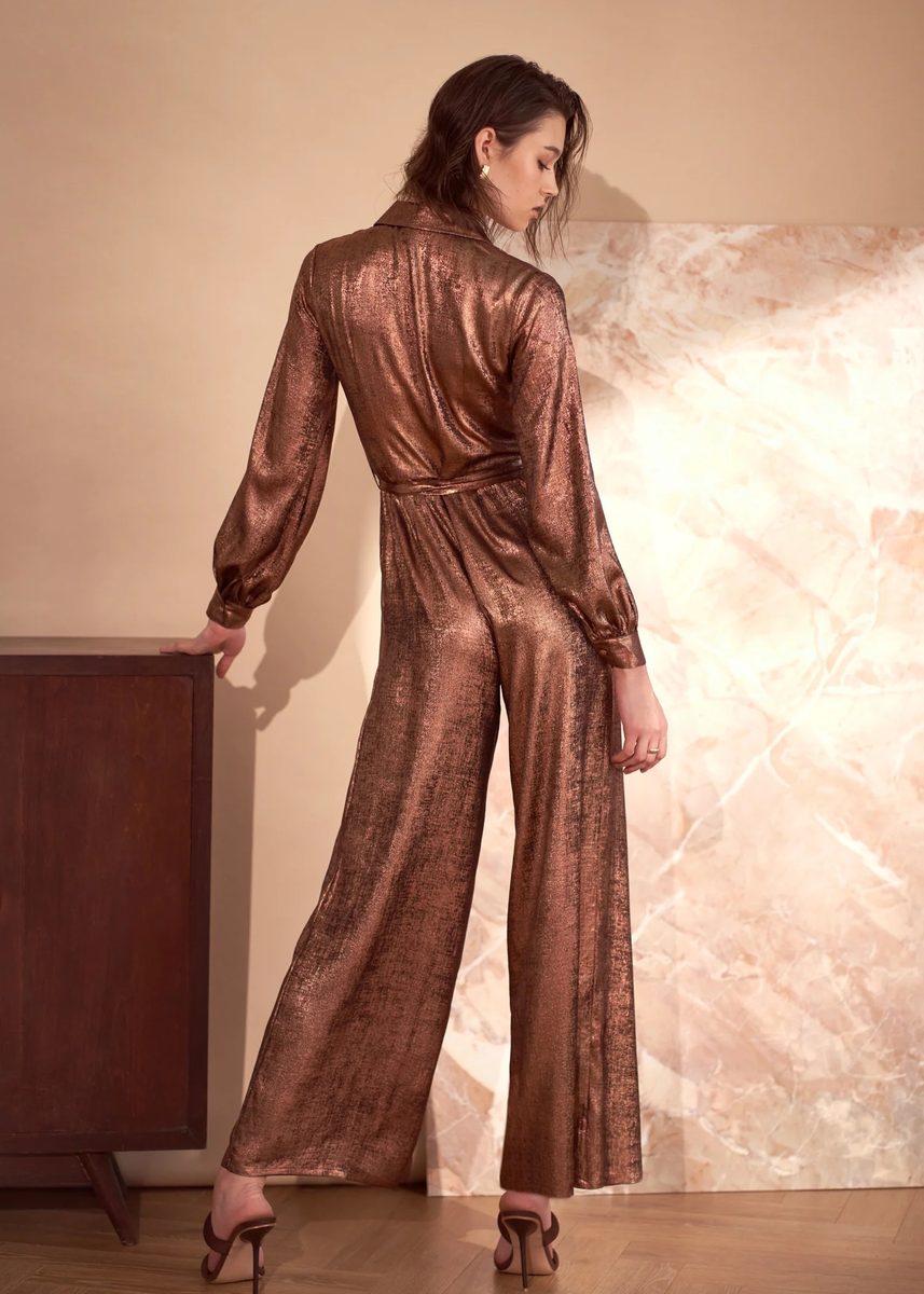 Emma Wallace Camilla Metallic Wide-Leg Jumpsuit – Bronze