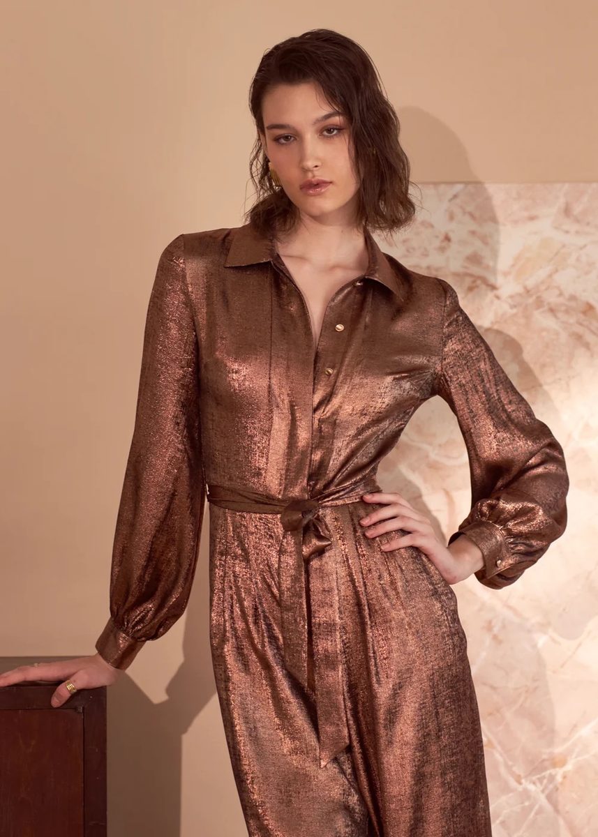 Emma Wallace Camilla Metallic Wide-Leg Jumpsuit – Bronze