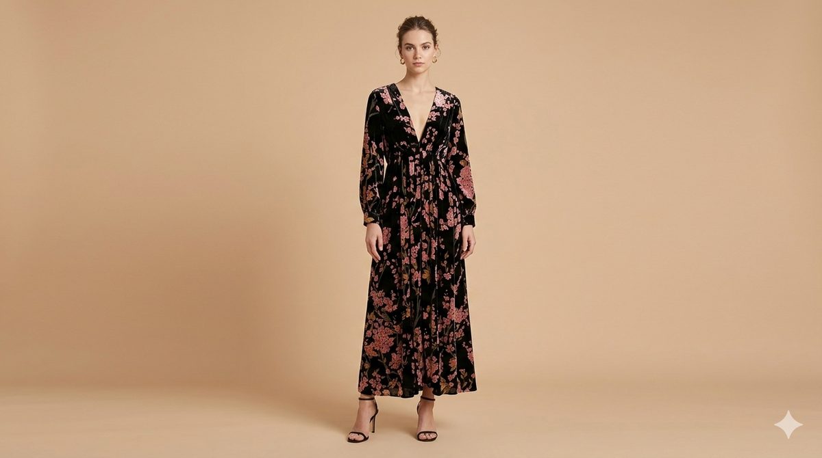 Velvet Long Dress Long Sleeves Black with Flowers