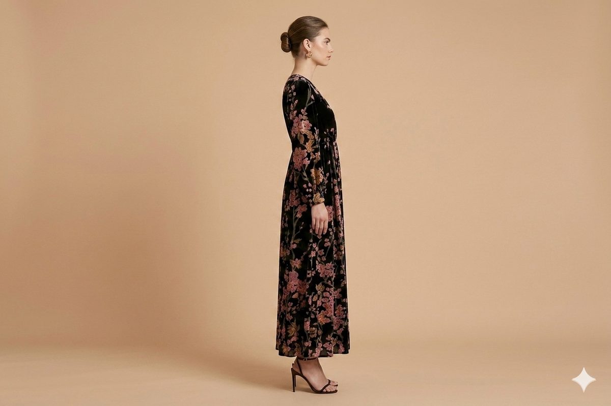 Velvet Long Dress Long Sleeves Black with Flowers