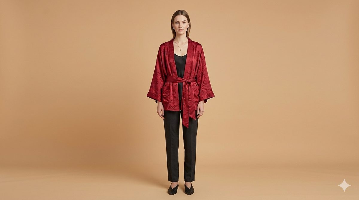 KIMONO RED with Chinese Flower Print