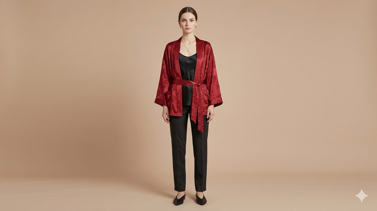 KIMONO RED with Chinese Flower Print